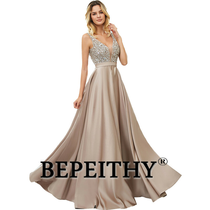 BEPEITHY-robe longue à col en V, dos nu, élégante tenue de soirée au corsage de perles, forme trapèze, robe de bal
