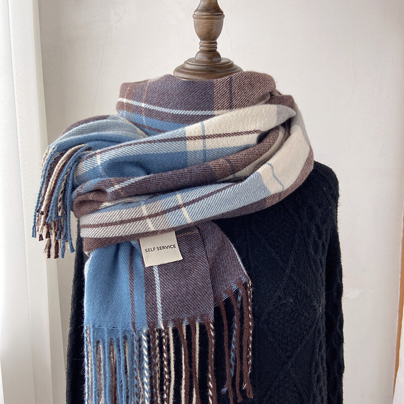 Bufanda gruesa y cálida con estampado a cuadros para mujer, con borlas chal de Cachemira, Foulard de punto para invierno