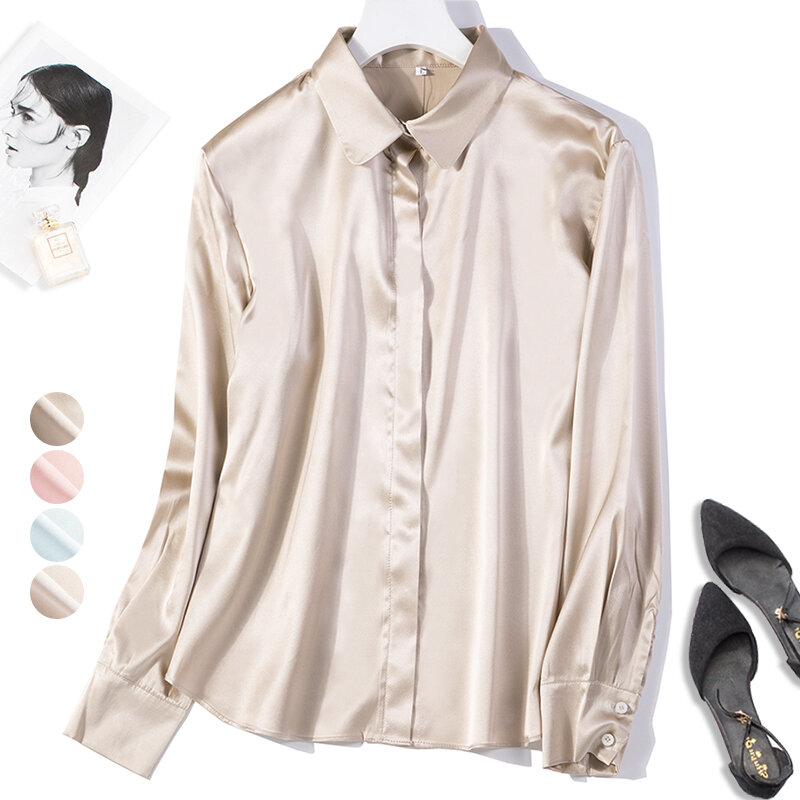 Рубашка Женская атласная на пуговицах, 95% шелк Mulberery, 5% Spandax, 19 мм, топ, блузка с воротником, офисная одежда, цвет Шампань, M, L, XL, JN185