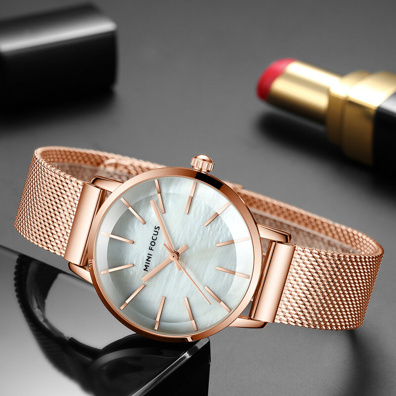 MINI FOCUS ยี่ห้อ Luxury นาฬิกากันน้ำสำหรับผู้หญิงควอตซ์นาฬิกาสำหรับผู้หญิง2021 Rose สแตนเลสทองตาข่ายเข็ม...