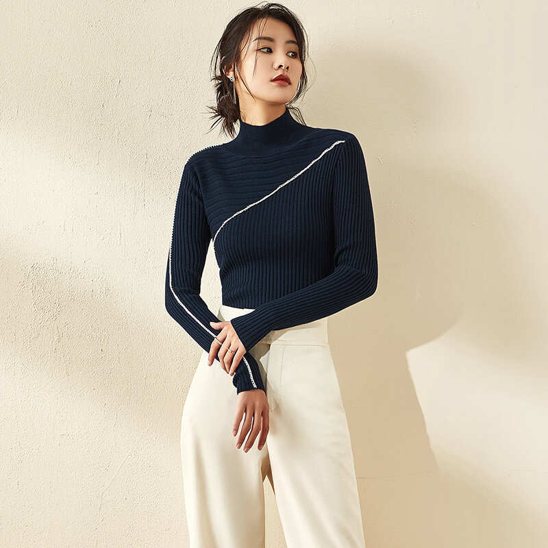 Suéter feminino com gola alta slim fit, pulôver de manga comprida espessado com gola alta, blusa estilo ocidental, outono 2021