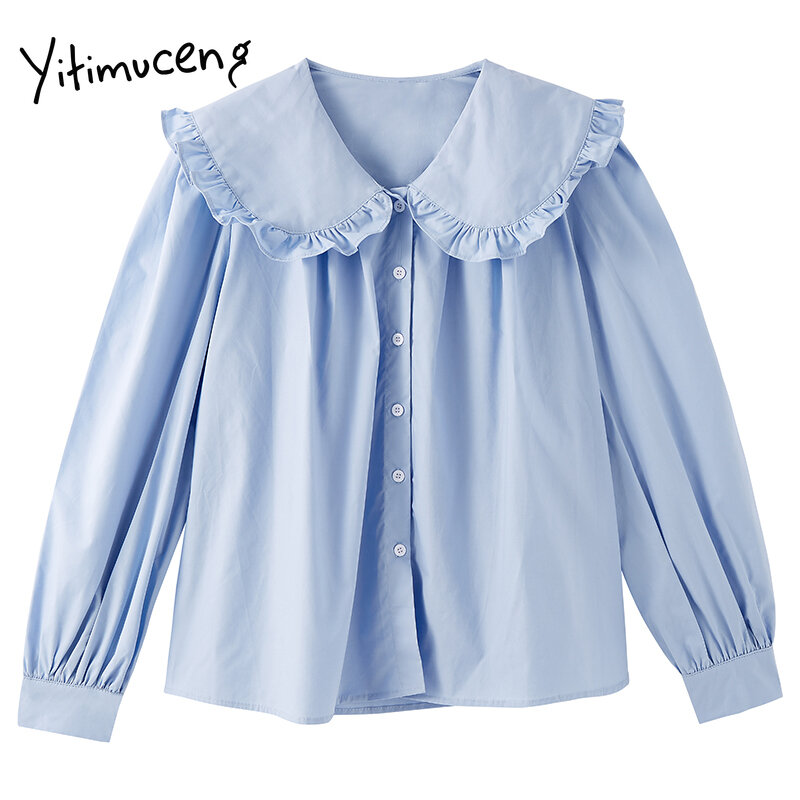 Yitimuceng-Blusa abotonada para mujer, camisas con cuello Peter Pan, manga larga, lisa, lisa, a la moda francesa, Tops de primavera 2021