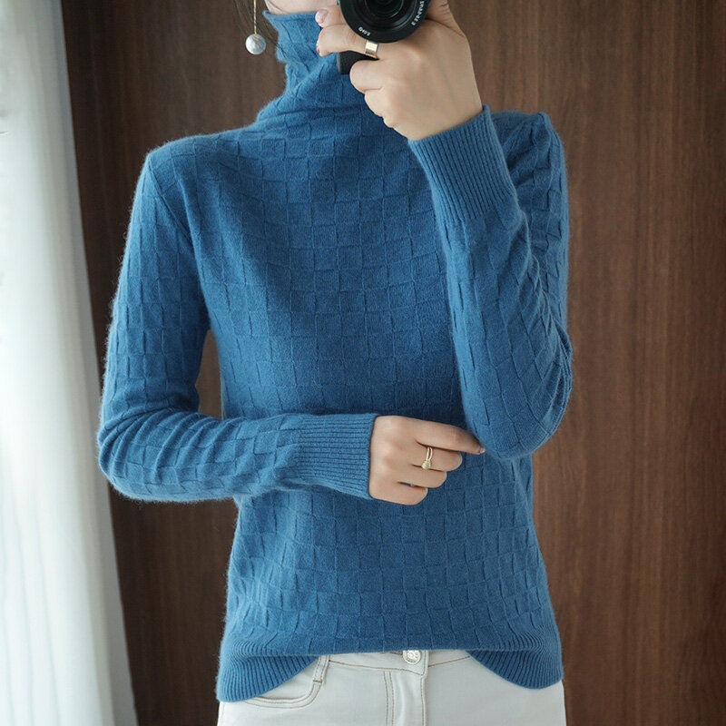 Женский свитер с высоким воротником, однотонный облегающий модный новый пуловер, свитер свободного кроя, повседневный топ с длинными рукав...