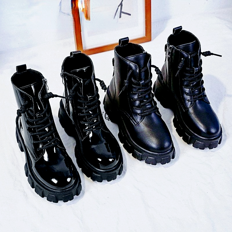 Botas de suela gruesa para mujer, botines de charol de punta redonda con cordones y cremallera, botines que combinan con todo, para otoño, 2021