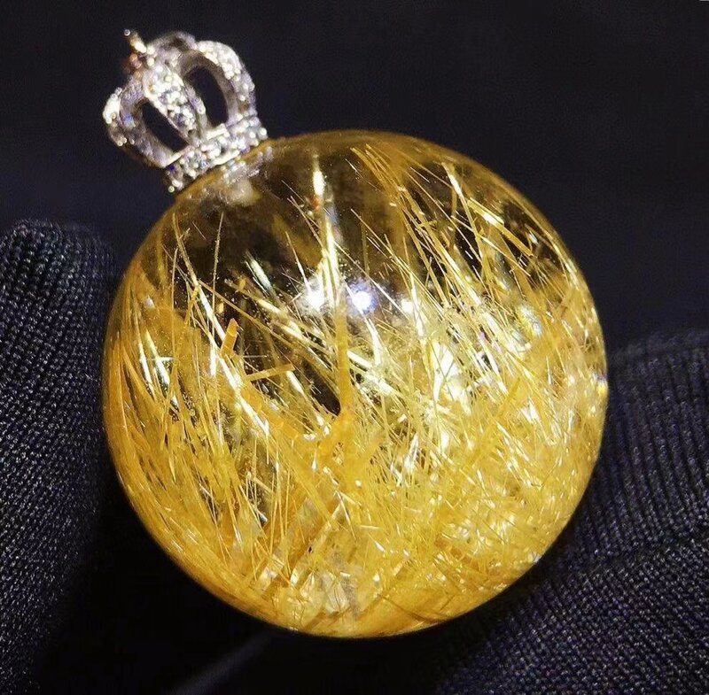 Natural Gold Rutilated Quartz Round Sphere Pendant 21mm Wealthy Crystal Rutilated Jewelry Women Men Brazil AAAAAA