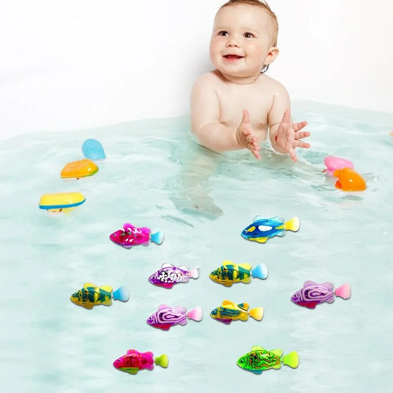 Baby Bath Toys for Kids Swimming Robot Fish with LED Light Spray Water Swim Pool Electric Fish Toy with LED Light Bathtub Toys