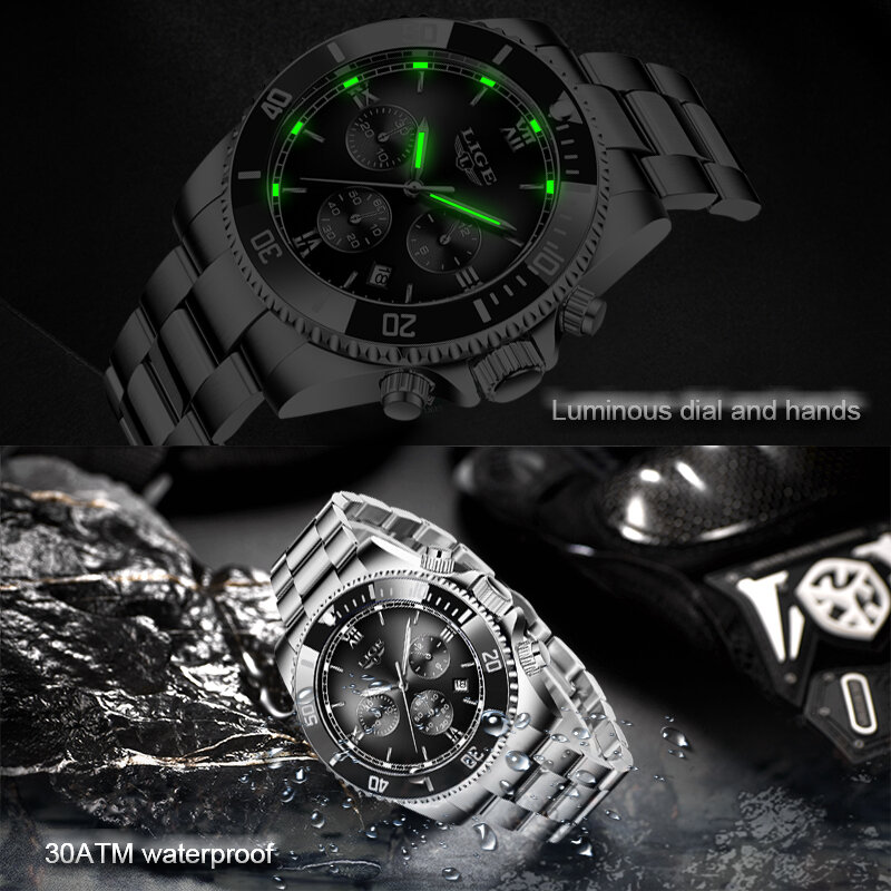 LIGE-남성 밀리터리 럭셔리 브랜드 시계, 남성 쿼츠 스테인레스 스틸 시계, 패션 크로노 그래프 시계