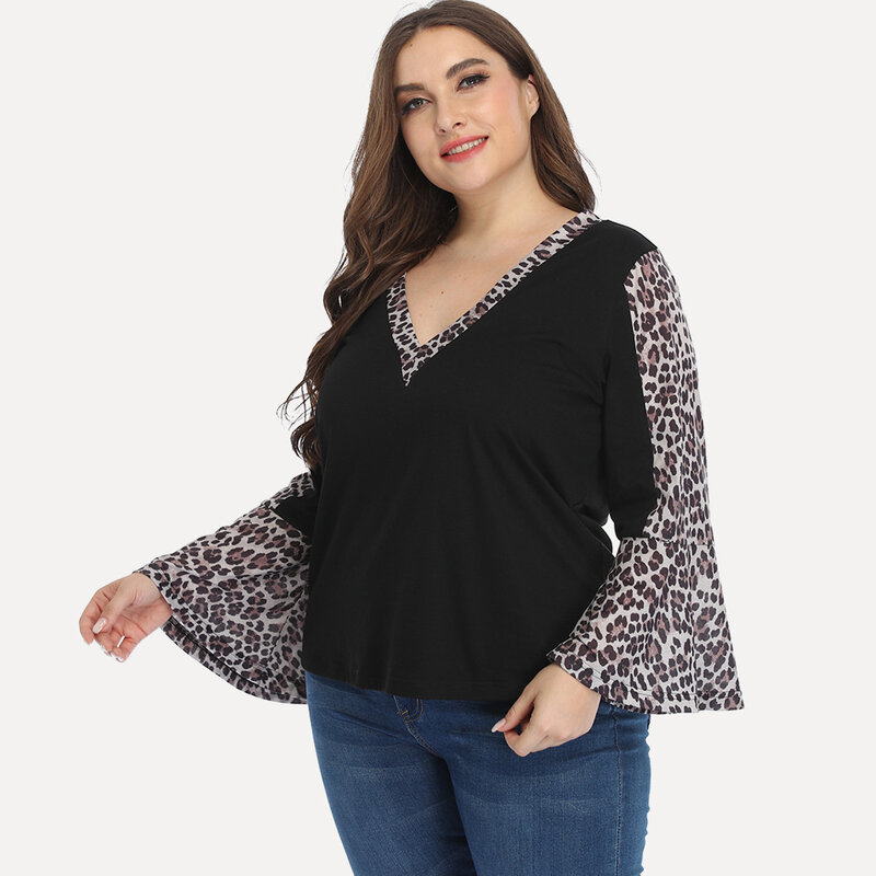 Primavera leopardo emendado mais tamanho mulheres camisas v pescoço manga longa alargamento túnica topo casual camisa solta blusas bluzki damskie