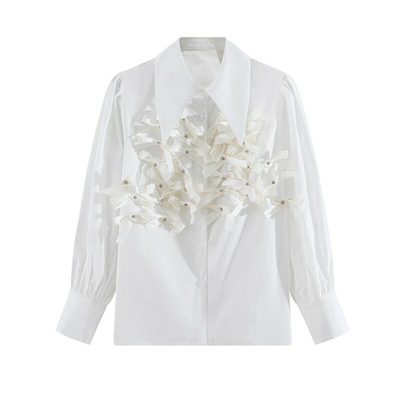 Camicia bianca panno da donna primavera e autunno nuovo sciolto manica lunga strass fiocco decorazione camicetta Top Blusas Mujer De Moda 2021