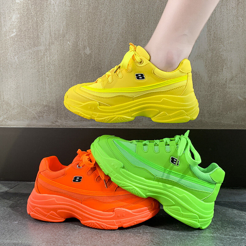 Macio casual grosso tênis plataforma verão malha respirável sapatos femininos plana casual amarelo sapatos esportivos feminino laranja 2020