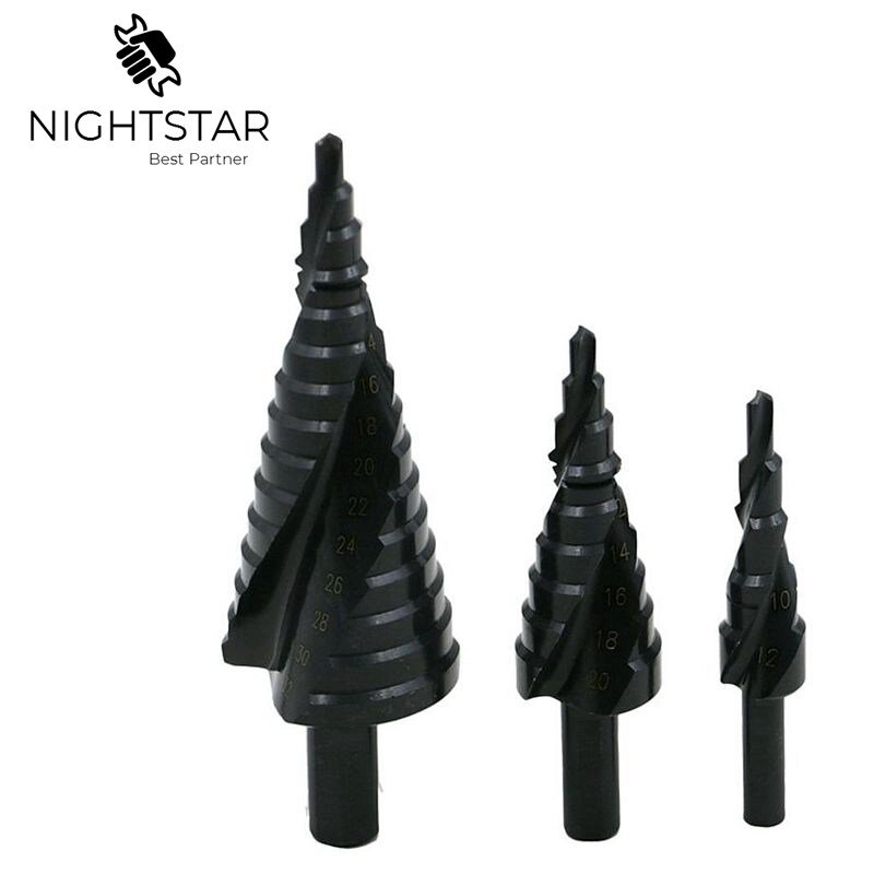 Taladros escalonados en espiral HSS, 3 piezas, 4-12mm, 4-20mm, 4-32mm, vástago hexagonal, nitrusión, cono cónico negro, taladro eléctrico profesional