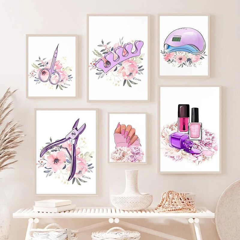 Tijeras de salón de tecnología de uñas, arte de pared rosa, pintura en lienzo, carteles nórdicos e impresiones, imágenes de pared para decoración de salón de belleza de habitación