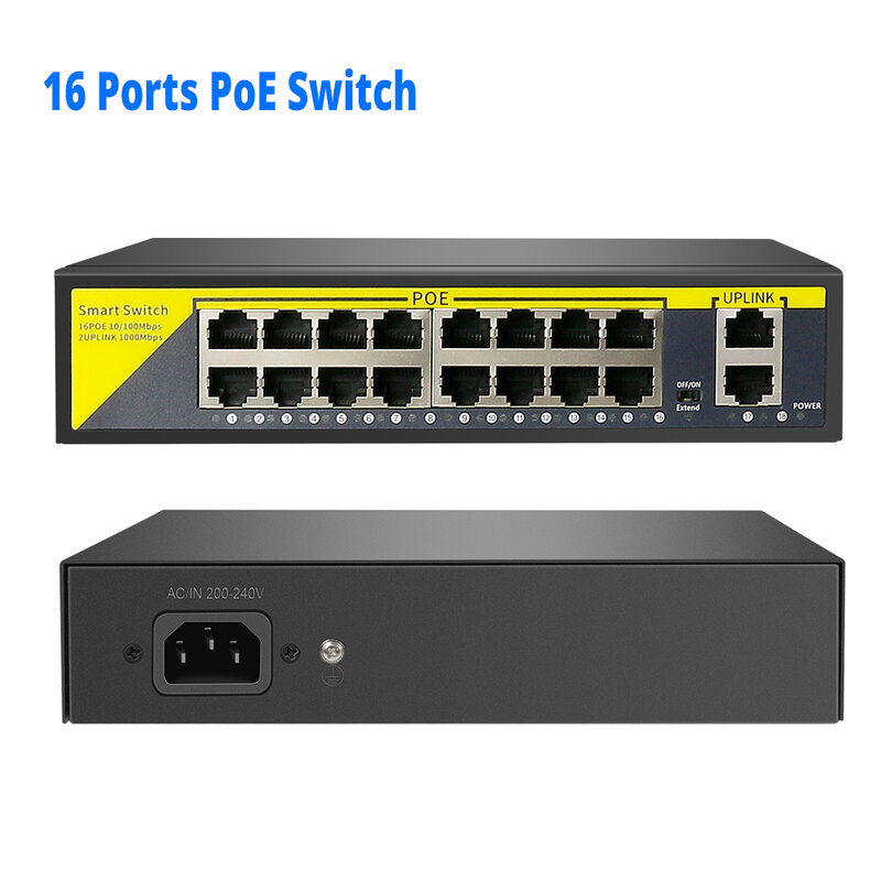 48V 8/16พอร์ต POE Switch Ethernet 10/100Mbps IEEE 802.3 Af/At สำหรับกล้อง IP/กล้องวงจรปิดระบบกล้องรักษาความปลอดภัย/ไร้สาย AP ฟุต