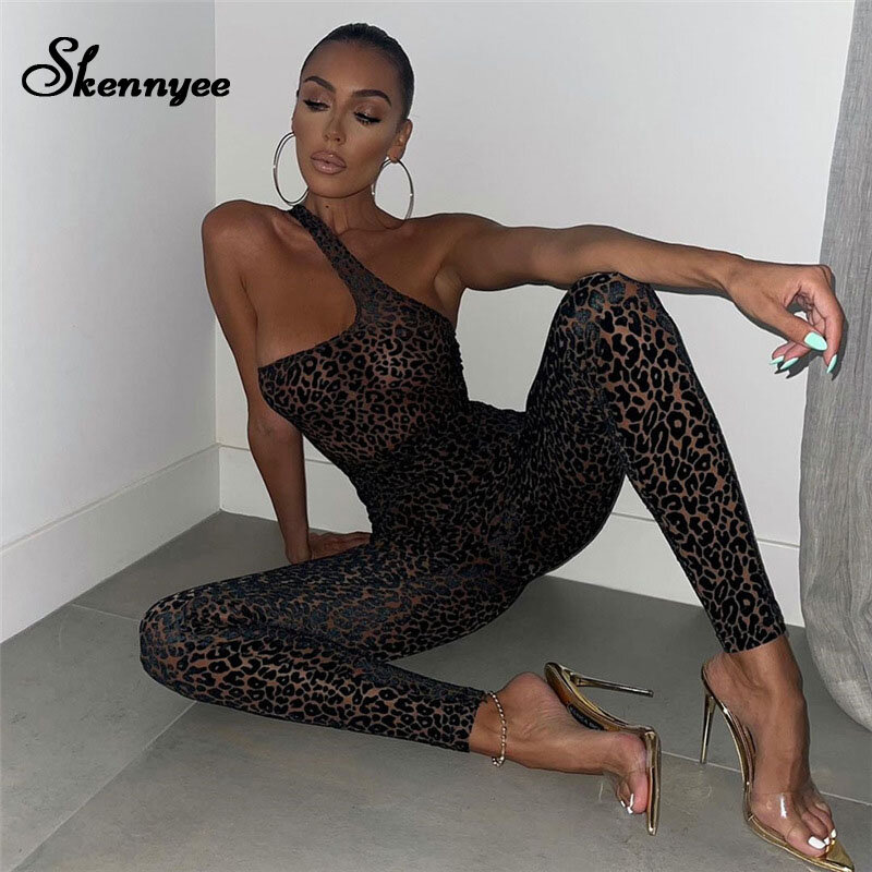 Skennyee 2021 outono um ombro elegante mulher macacão com mangas leopardo impressão malha playsuit sexy moda macacão