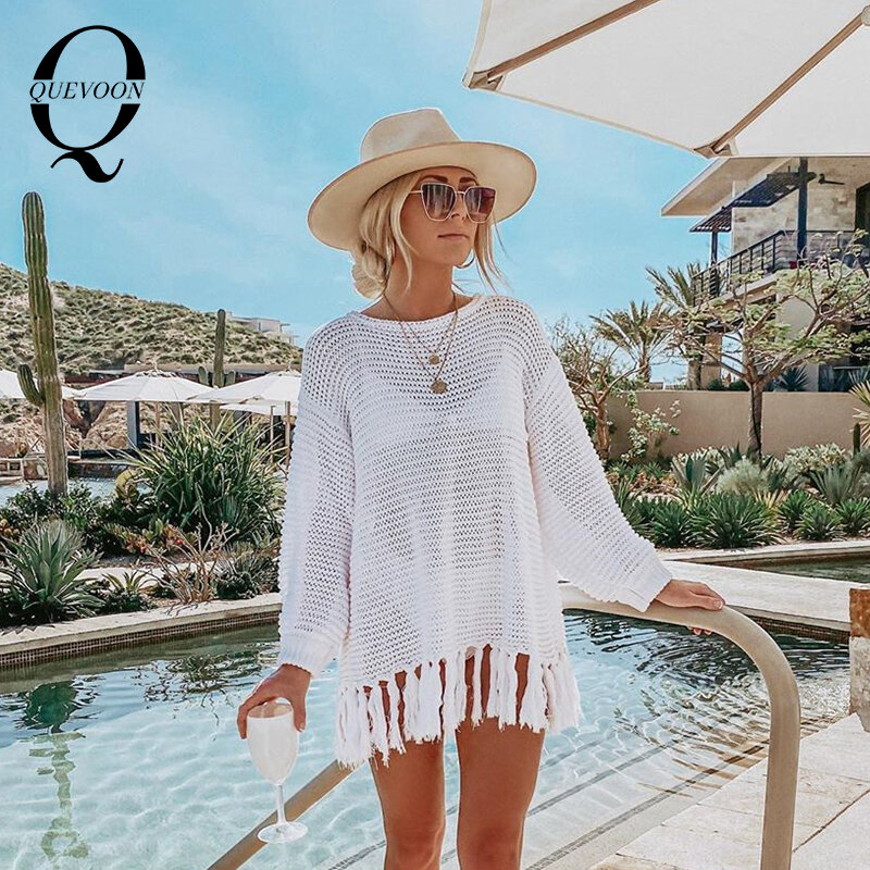 QUEVOON Summer Knitted Pullovers Round Neck Long Sleeve Hem with Tassel Knit Sweater Fashion Summer 2020 Beach Cover up Swimwear