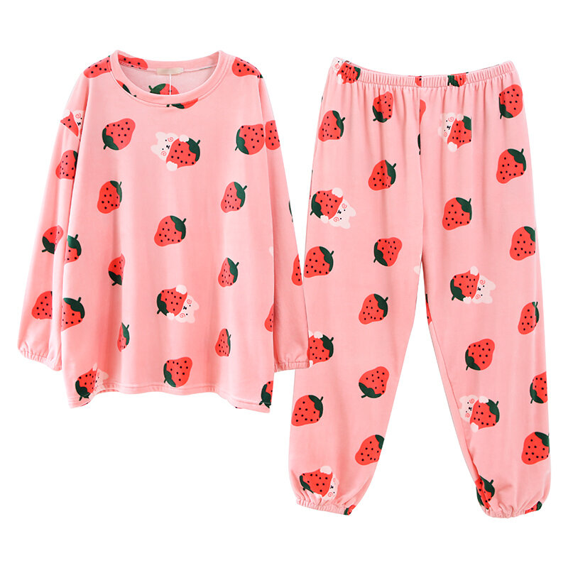 Pijama de terciopelo de talla grande para mujer, ropa de invierno con cuello redondo, Polar, Coral, suelto, con cordón, gruesa, M200 Jin