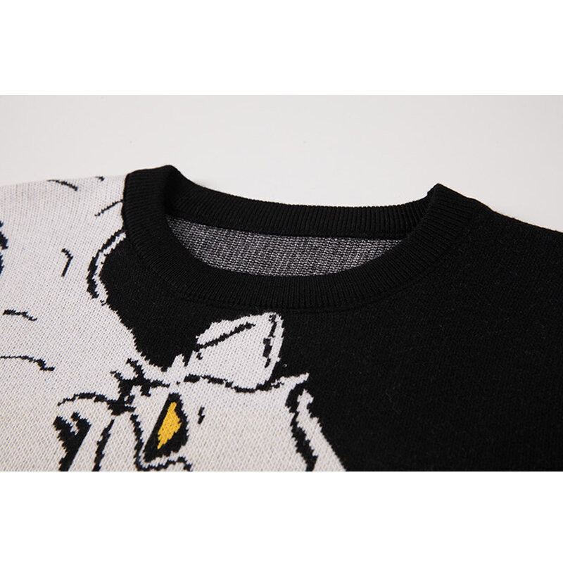 2021 Jumpers for Women Sweater O-neck Autumn Winter Animal Print Casual Loose Long Sleeve Fashion Cat Knitted Short Sweater Tops