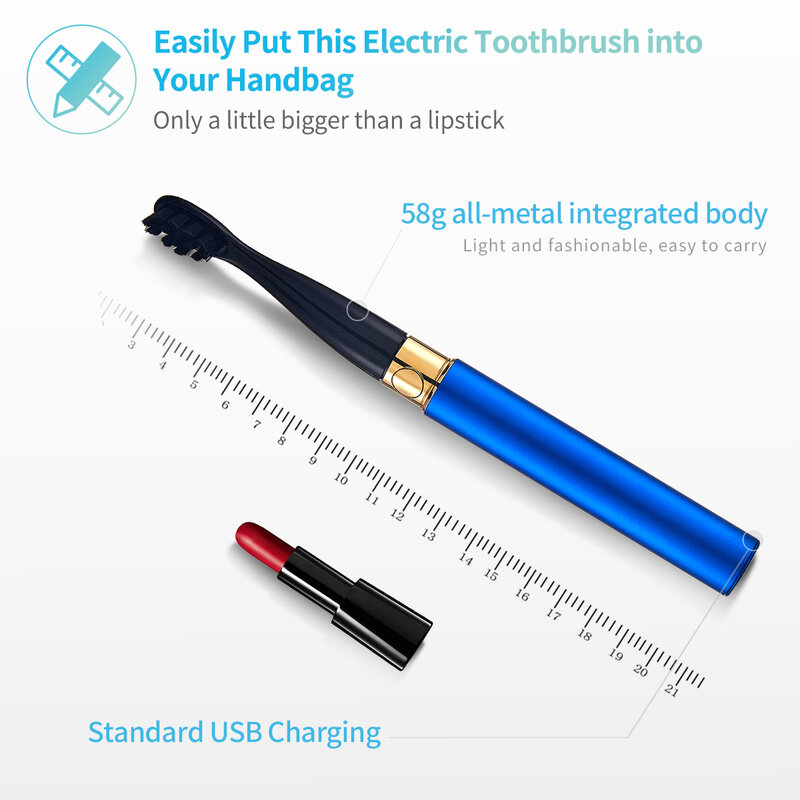 Oday-cepillo de dientes eléctrico sónico portátil eSlim, con 4 cabezales, práctico gorro de viaje extraíble y tubo corporal fino
