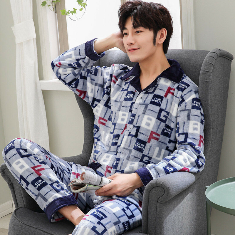 Flannel Pajama Men Lounge Set Cardigan Lapel Button Elastic Waist Sleepwear Thicken Warm Leisure Homewear Pyjamas Autumn Winter