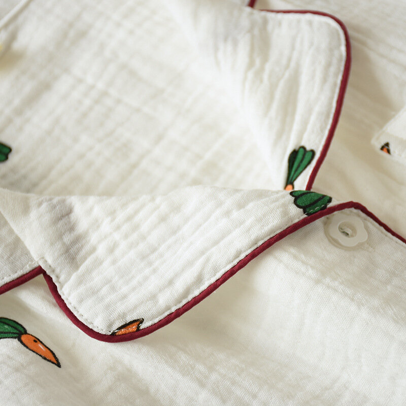 Set Piyama Katun Wanita Cetak Potongan Wortel Setelan Rumah Pakaian Tidur Lembut Lengan Pendek Musim Semi Musim Panas Set Pakaian Rumah 2 Potong
