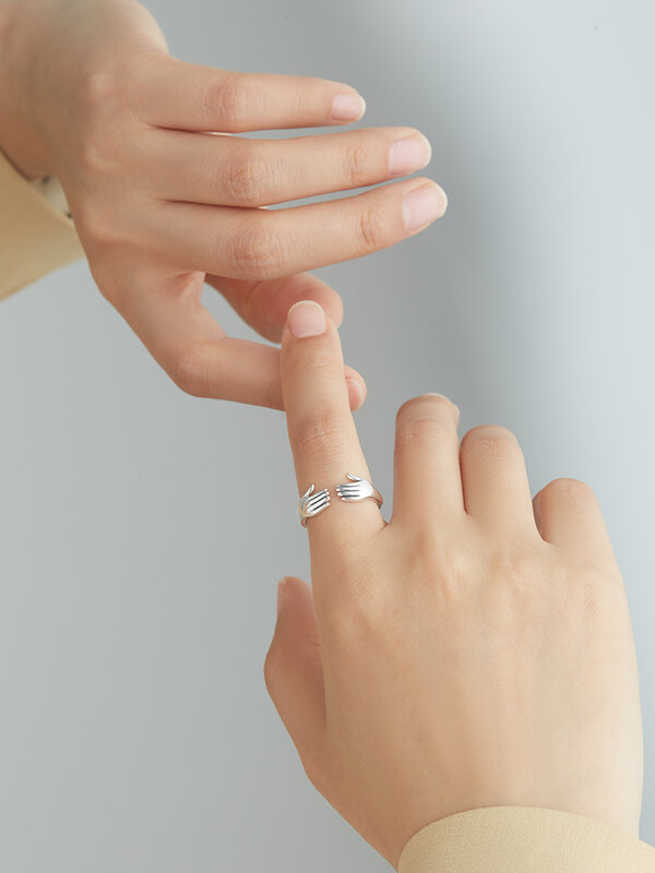แหวนผู้หญิง S925 Sterling Silver Double Hand Shape แหวนสไตล์วันและชีวิตเครื่องประดับ Hot ขาย