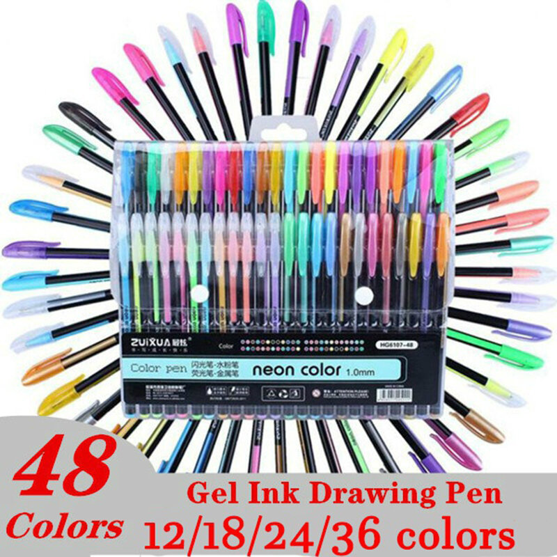 12/18/24/36/48 Pcs Kleur Gel Marker Pennen Metallic Glitter Pastel Fluorescentie Neon Kleuring Set