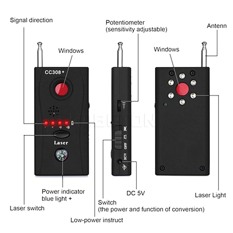 Détecteur de Signal d'objectif de caméra sans fil multifonction CC308 + détecteur de Signal d'onde Radio caméra WiFi RF GSM de portée complète