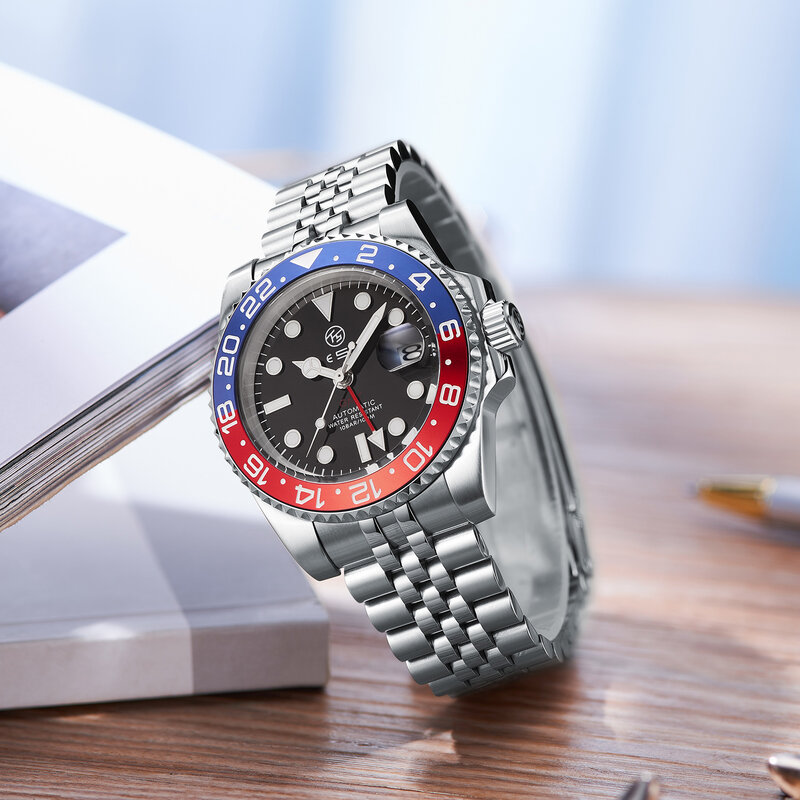 TESEN marka biznes męskie zegarki mężczyźni Top automatyczny mechaniczny wodoodporny zegarek GMT mężczyźni Luminous zegarek ze stali nierdzewnej 316L