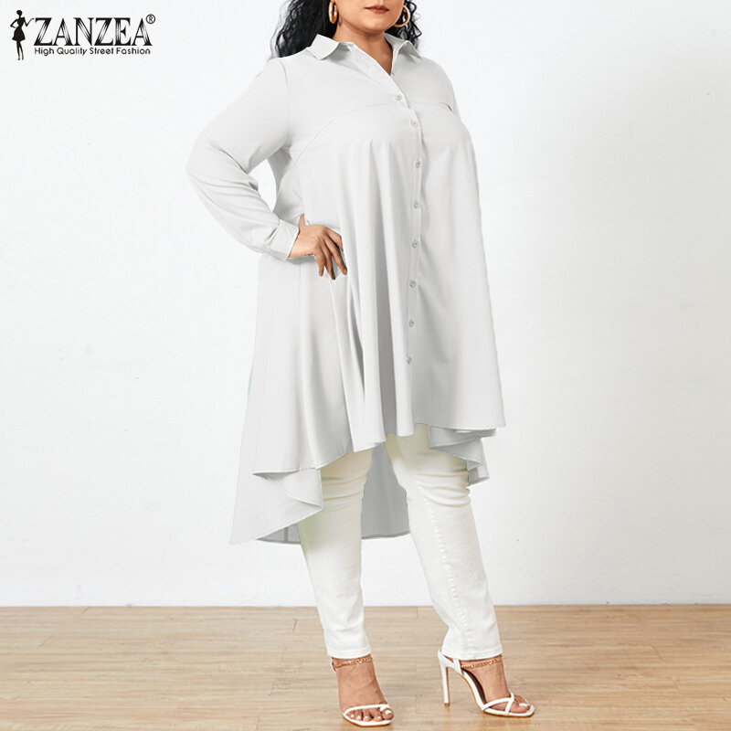 ZANZEA – chemise à manches longues pour femmes, grande taille, col à revers, asymétrique, chemisier, mode, boutons vers le bas, couleur unie, hauts longs, automne