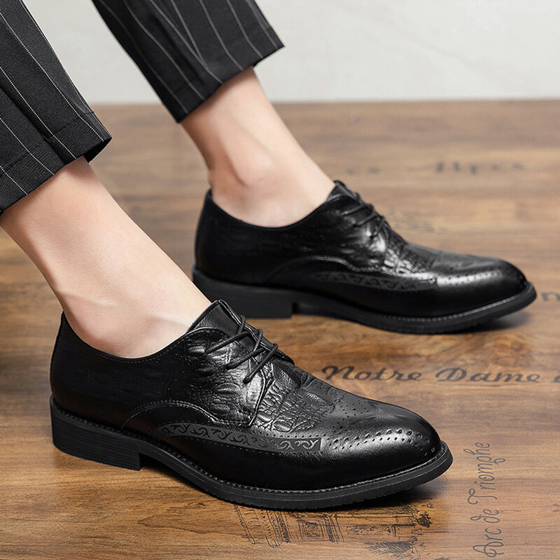 Spring Dress Shoes Men Oxfords Brogue Genuine Leather Shoes Classic Style Wing Tip Lace Up Formal Wedding Party Office Shoes