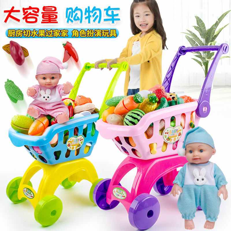 Carrito de la compra para niños, carrito de juguete para niño, niña cochecito para, carrito de supermercado de simulación de fruta cortada, feliz