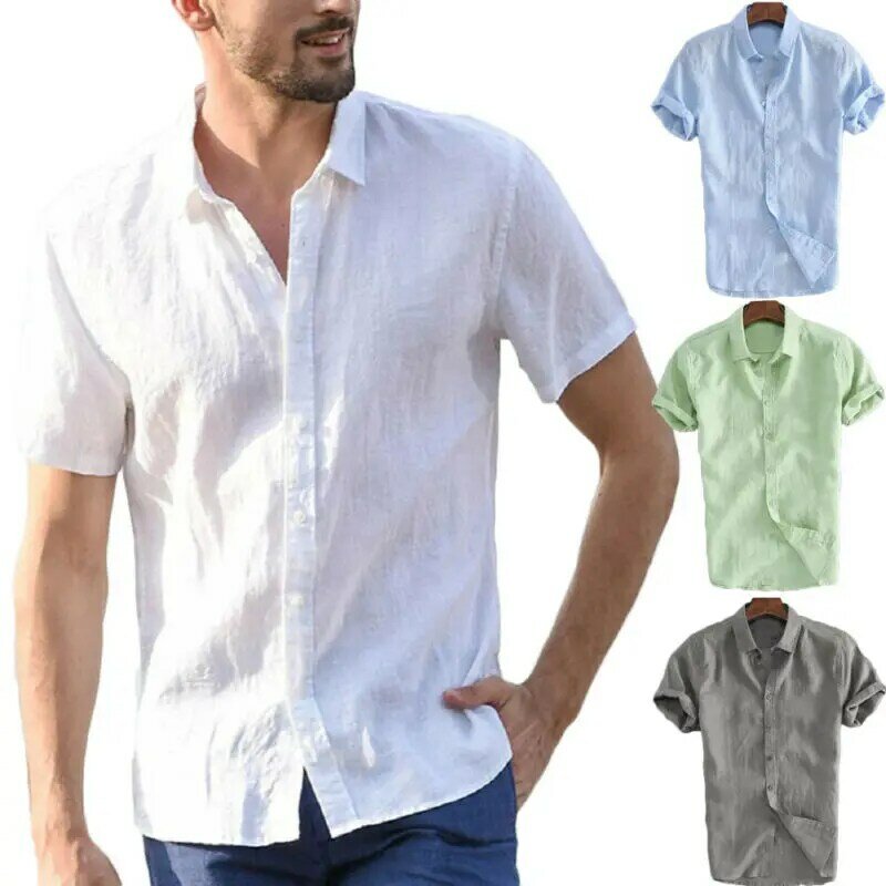 남성 셔츠 리넨 반소매 여름 솔리드 셔츠 캐주얼 루즈 다운 칼라 블라우스 남성 통기성 셔츠 Chemises homme