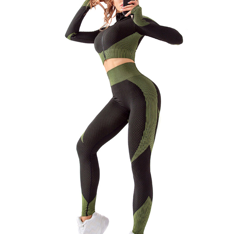 2 peças feminino yoga esportes terno manga longa frente zip alta superior & cintura sem costura leggings secagem rápida S-L nyz shop
