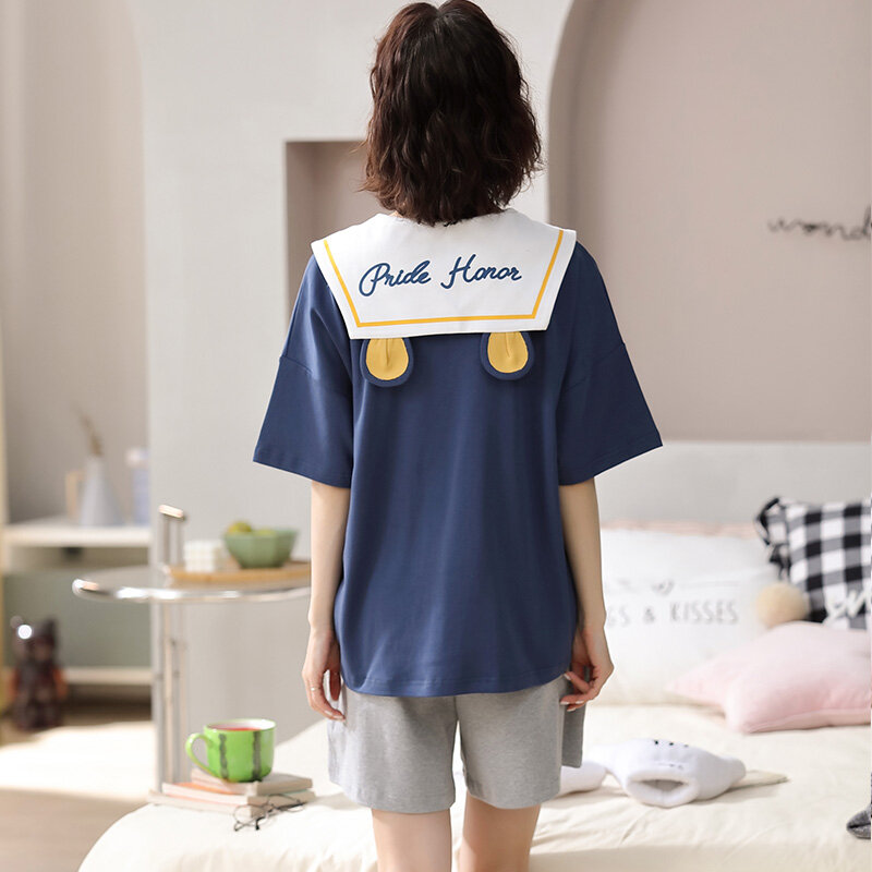 Pyjama dessin animé pour femmes, tenue d'été en coton, fin et mignon, à manches courtes, style coréen, vêtements de maison, printemps et automne