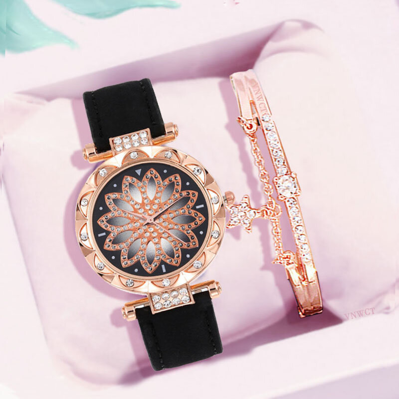 นาฬิกาผู้หญิงชุดสร้อยข้อมือ Starry Sky สุภาพสตรีนาฬิกา Lucky ดอกไม้หนังนาฬิกาข้อมือควอตซ์นาฬิกาของ...