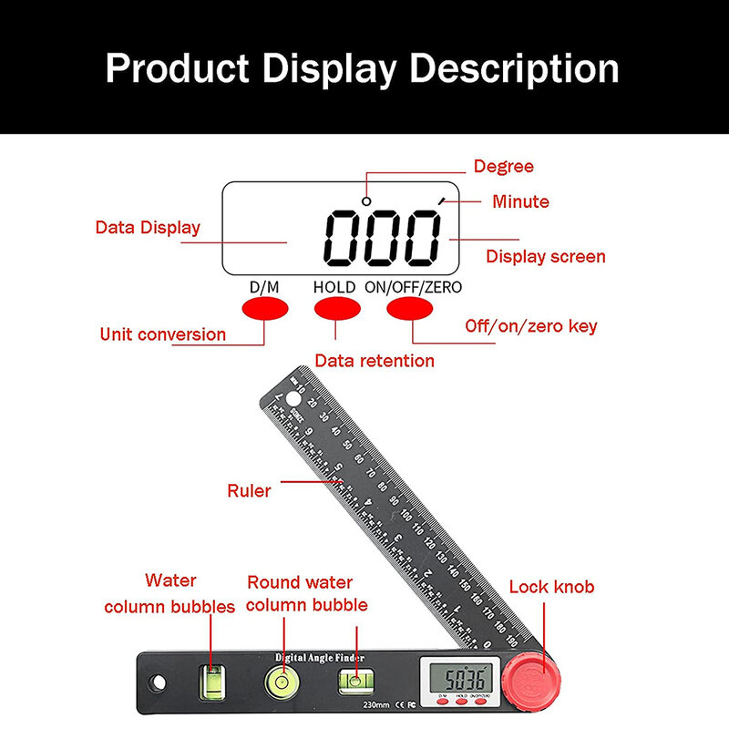 디지털 각도 측정기, Vodlbov 4 in 1 디지털 각도기 눈금자 및 레벨 도구, 수평 다기능 각도 측정 도구