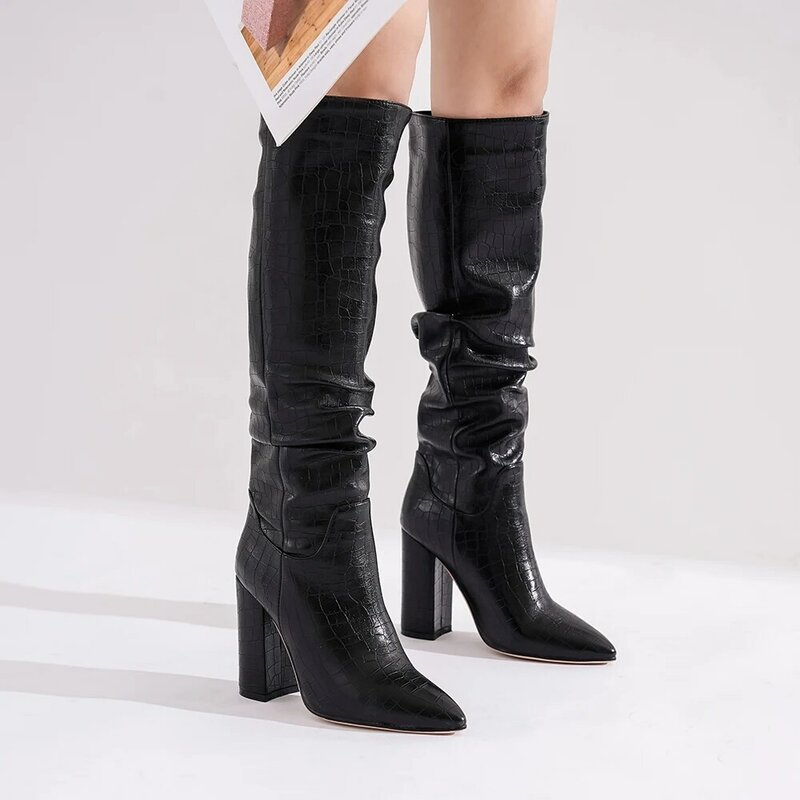 Band Designer Faux Leather Women Knee High Boots Pointed Toe Boots Women Long Chunky Block Pleated High Heel Boots Apricot