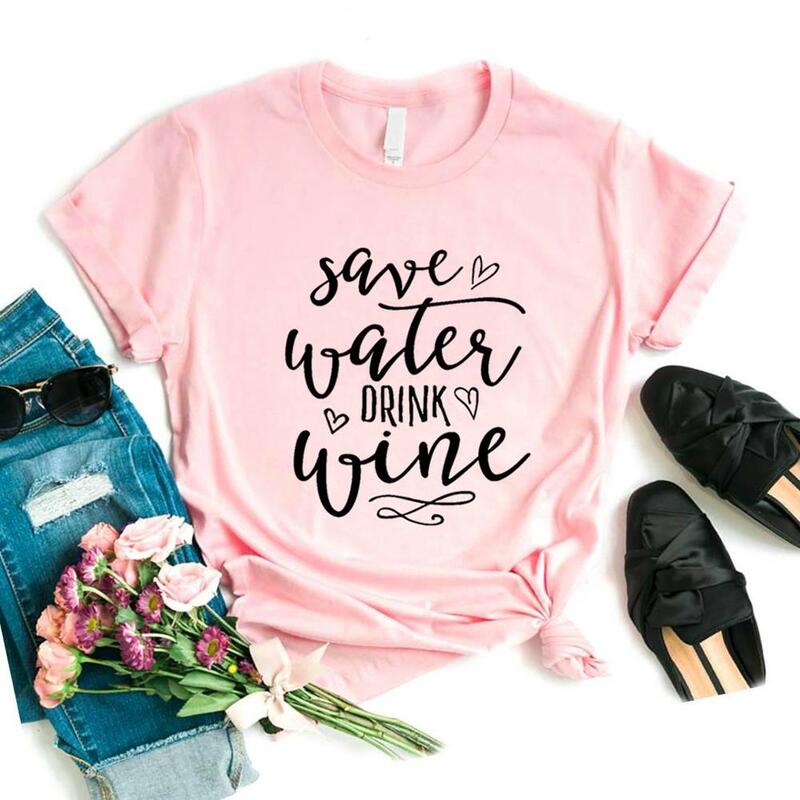 Oszczędzaj wodę pić wino kobiety koszulki bawełniane Casual śmieszne t Shirt dla pani Yong koszulka Hipster 6 kolorów NA-841