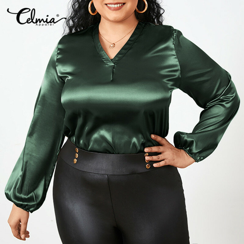 Celmia แฟชั่นผู้หญิงซาตินเสื้อ2021ฤดูใบไม้ร่วงเซ็กซี่ V-Neck ของแข็งเสื้อลำลองแขนยาวทำงาน Blusas Femininas Plus ข...