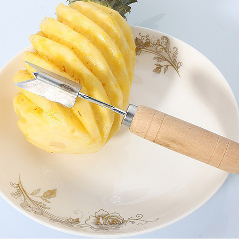 Coupe-ananas Portable en forme de V, poignée en bois éplucheur de fruits tranchants en acier inoxydable 2 pièces