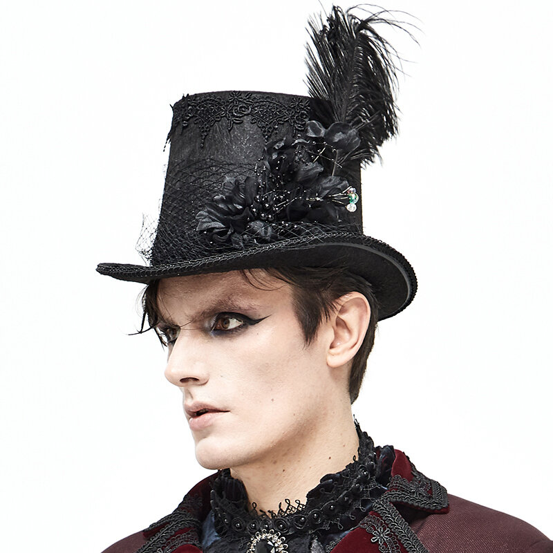 Retro Gothic Style Banquet Gorgeous Top Hat Gauze Feather Carved Unisex Party Halloween Hat