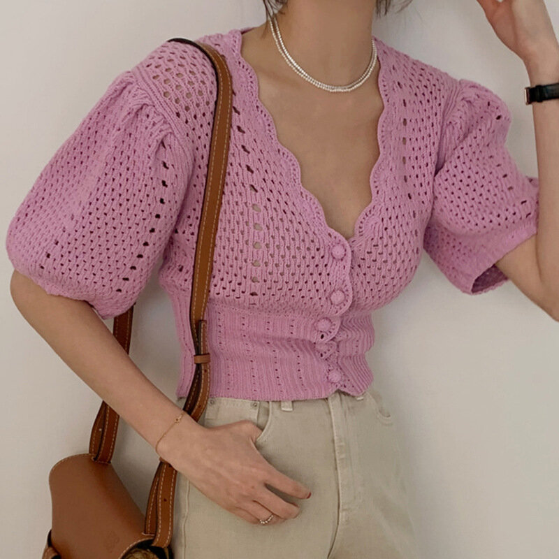 Cárdigan liso para mujer, suéter de cintura con un solo pecho, manga abombada, elegante, con cuello de pico, 2021