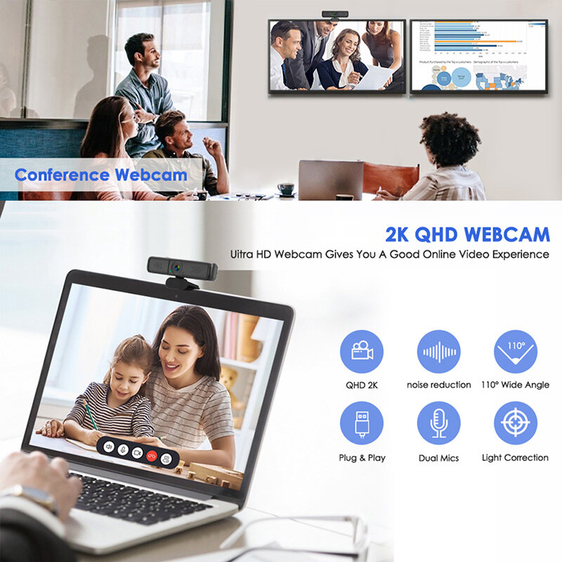Webcam QHD PC 2K 1080P, 4 millions de pixels, caméra USB Autofocus, ordinateur de bureau pour réunion à domicile avec microphone