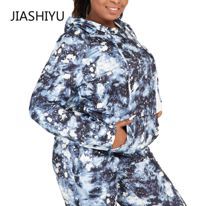 JIASHIYU Pakaian Olahraga untuk Wanita Set 2 Potong Pakaian Pelari Kasual Hoodie Berwarna Dasi Baju Olahraga Pullover Kaus dan Set Celana Olahraga
