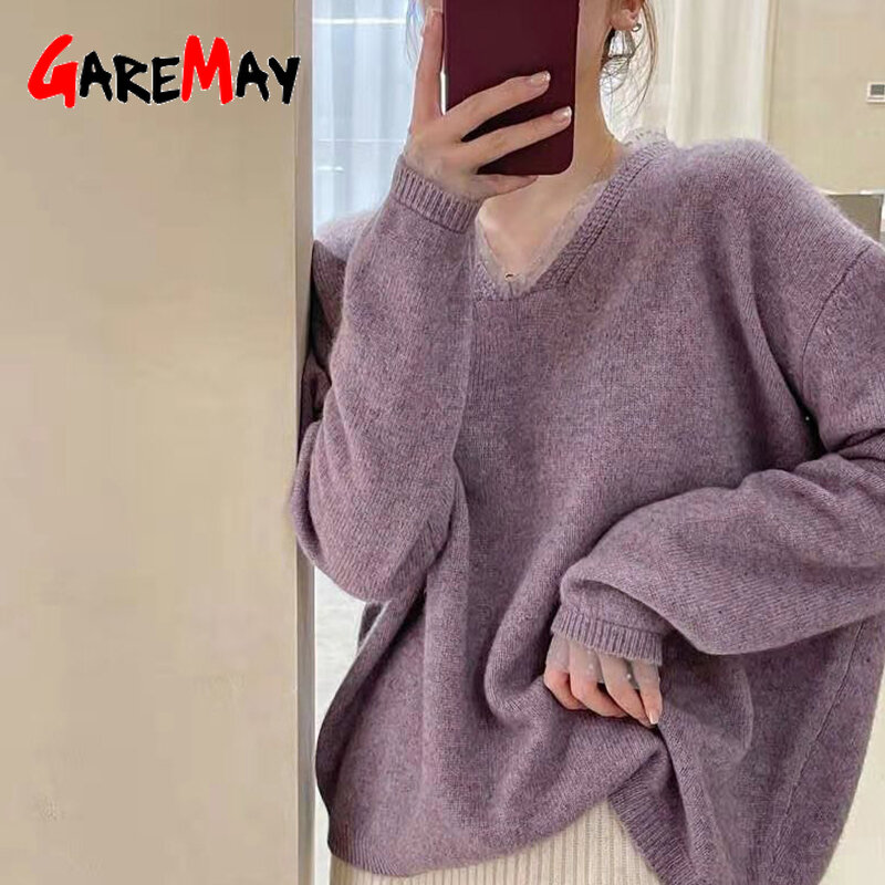 Pull surdimensionné doux coréen Beige col en v pour femme, chandail Vintage ample tricoté chaud, collection automne hiver 2021