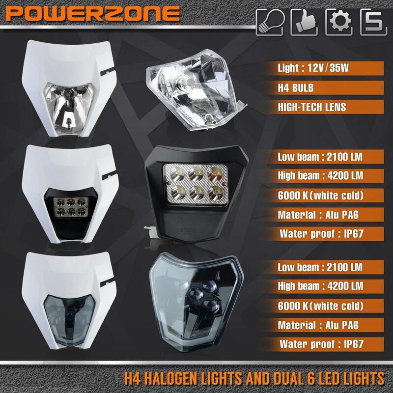 PowerZone Motorrad LED Scheinwerfer Scheinwerfer Kopf Licht Supermoto Verkleidung Für KTM EXC SXF MX Dirt Bike Enduro LED Scheinwerfer