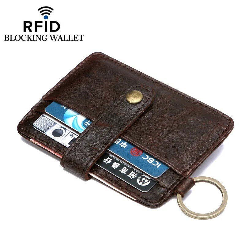 Billetera delgada de cuero genuino para hombre y mujer, monedero con bloqueo RFID, tarjetero Retro de cuero de vaca, funda para tarjetas