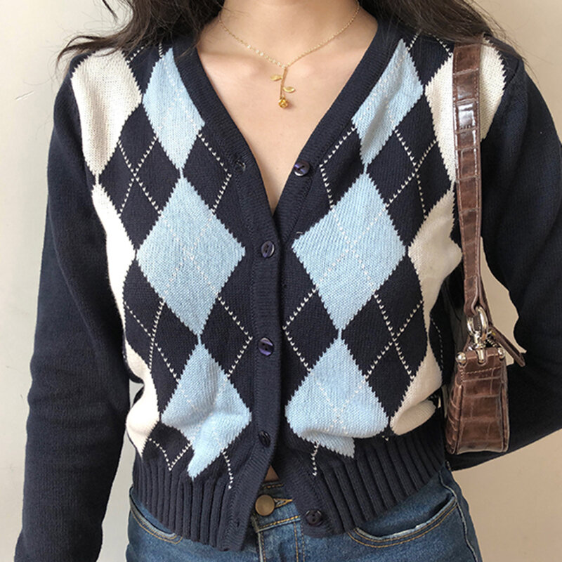 Vintage decote em v xadrez manga comprida camisola feminina 2020 outono inverno curto de malha cardigan camisolas femininas inglaterra estilo topos