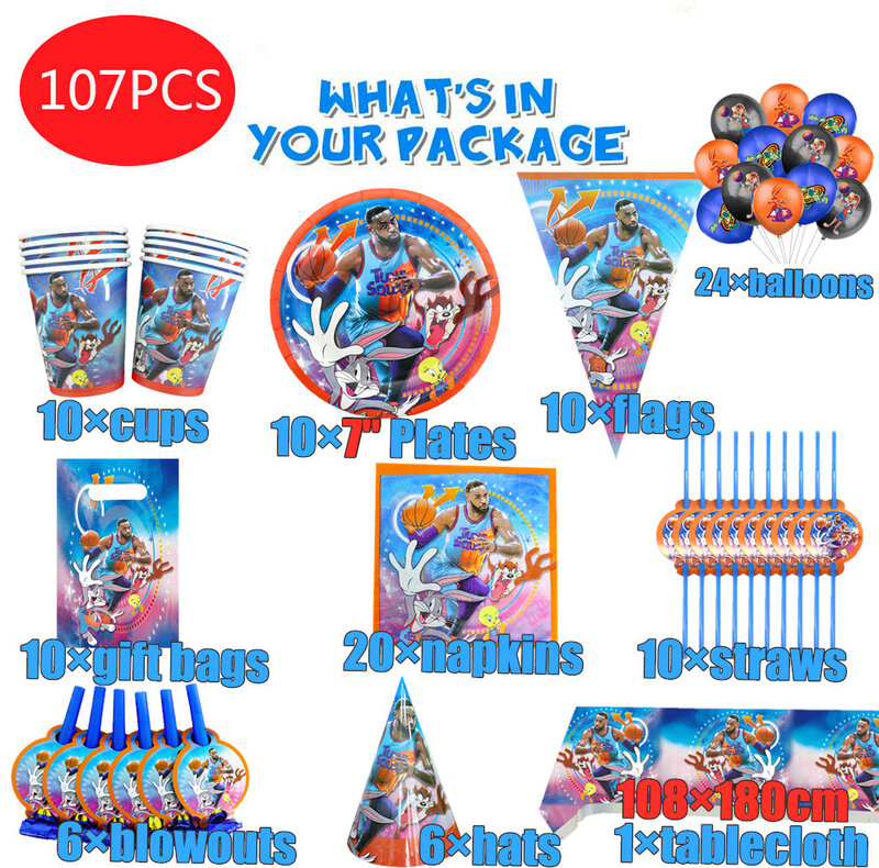 Space Jam-Juego de vajilla desechable para niños, suministros de fiesta, globos, vasos de papel, platos, decoración de fiesta de cumpleaños