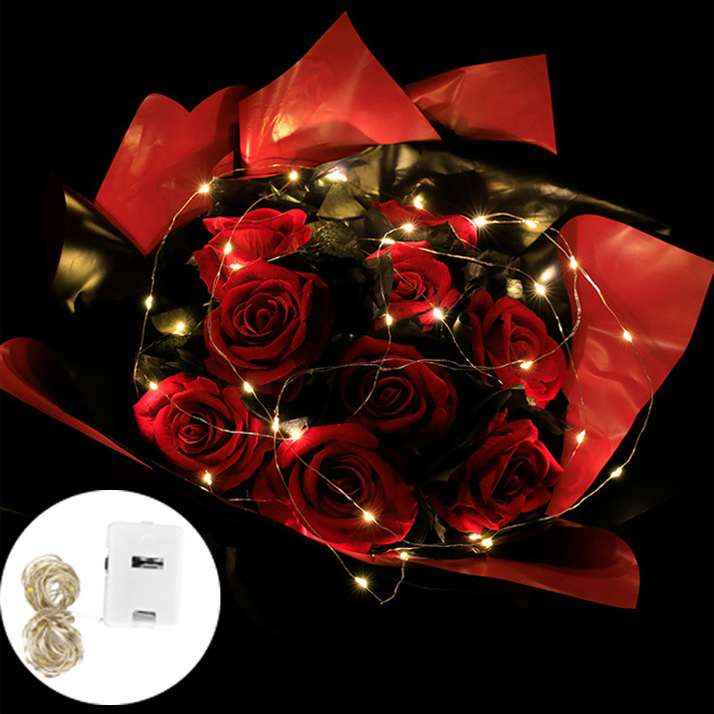 Cadena de luces LED con cable de cobre, caja de batería, caja de regalo, decoración de pastel de flores, linterna